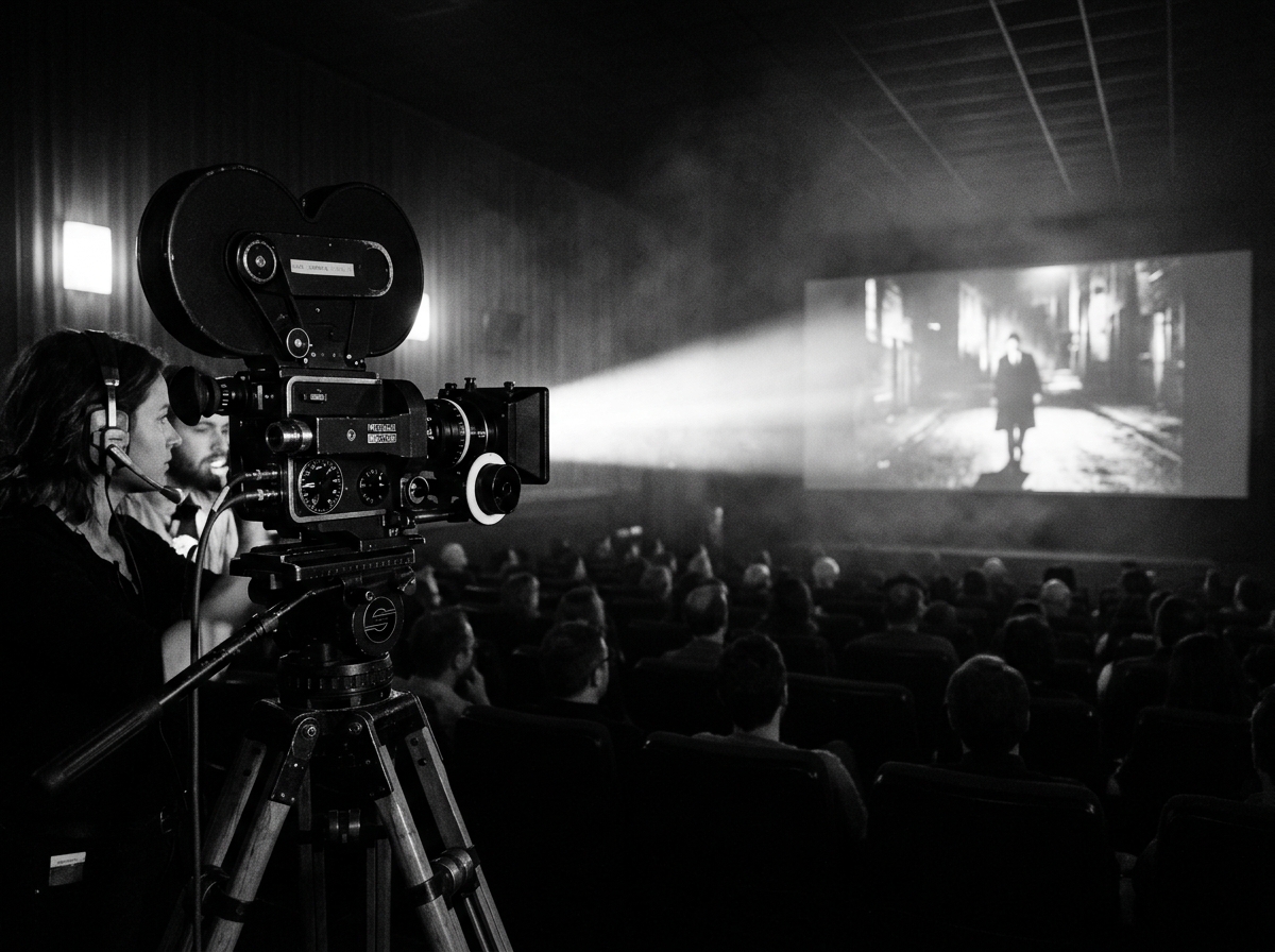 Classic 35mm motion picture camera pointing towards a glowing theater screen