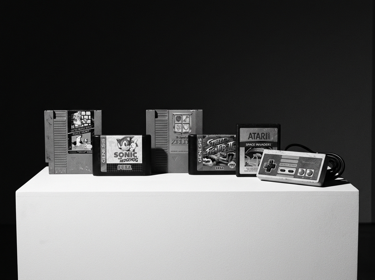 Monochrome collection of retro gaming cartridges on a gallery plinth