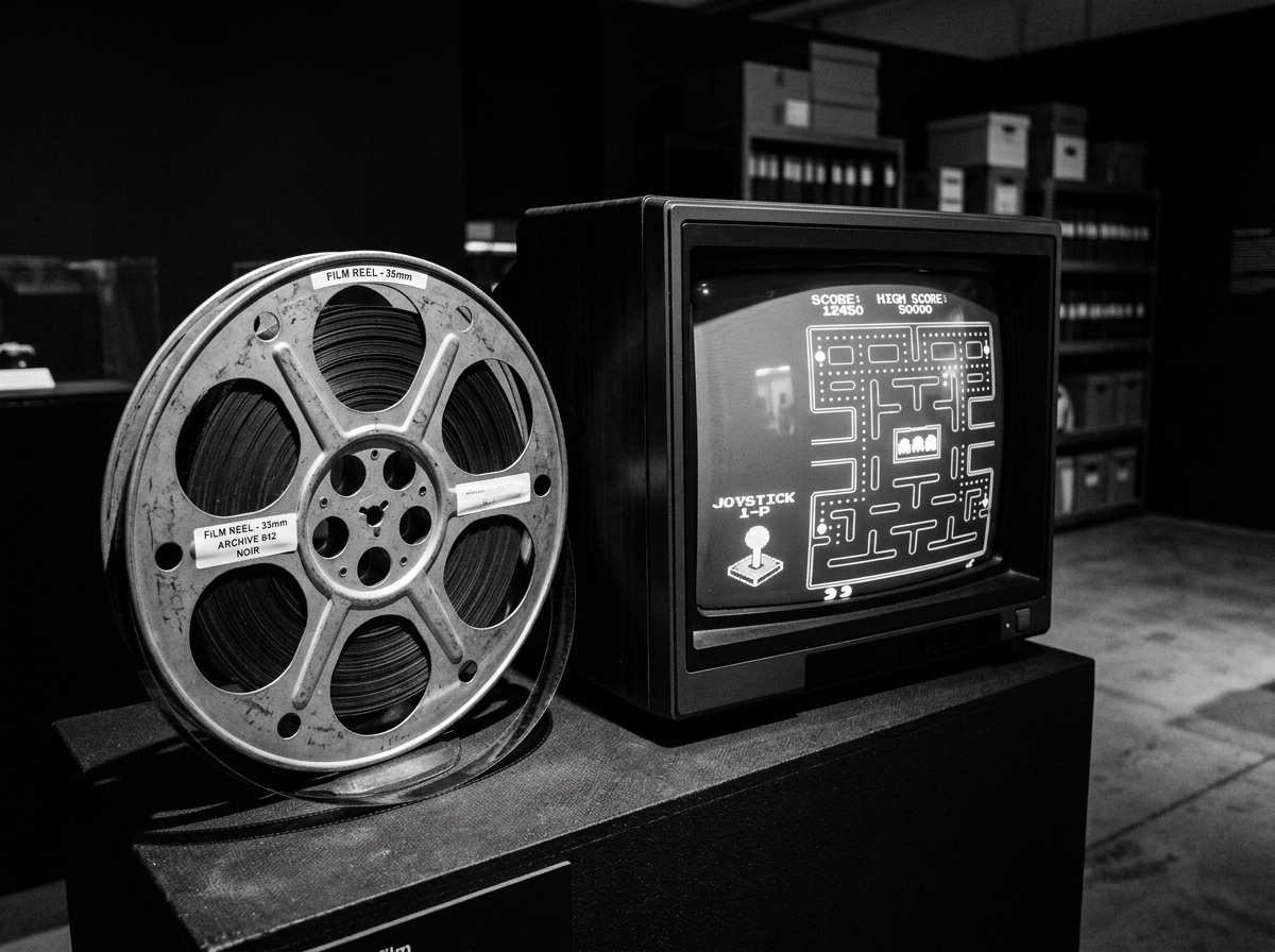 Vintage film reel beside a glowing arcade screen in an archival gallery