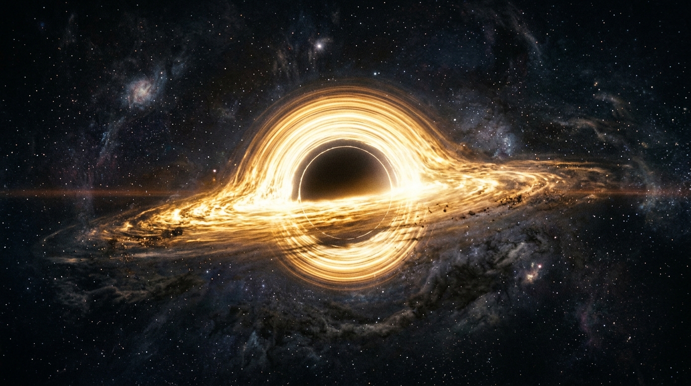 Glowing cosmic black hole accretion disk and starfield in deep space, sci-fi cinema archive